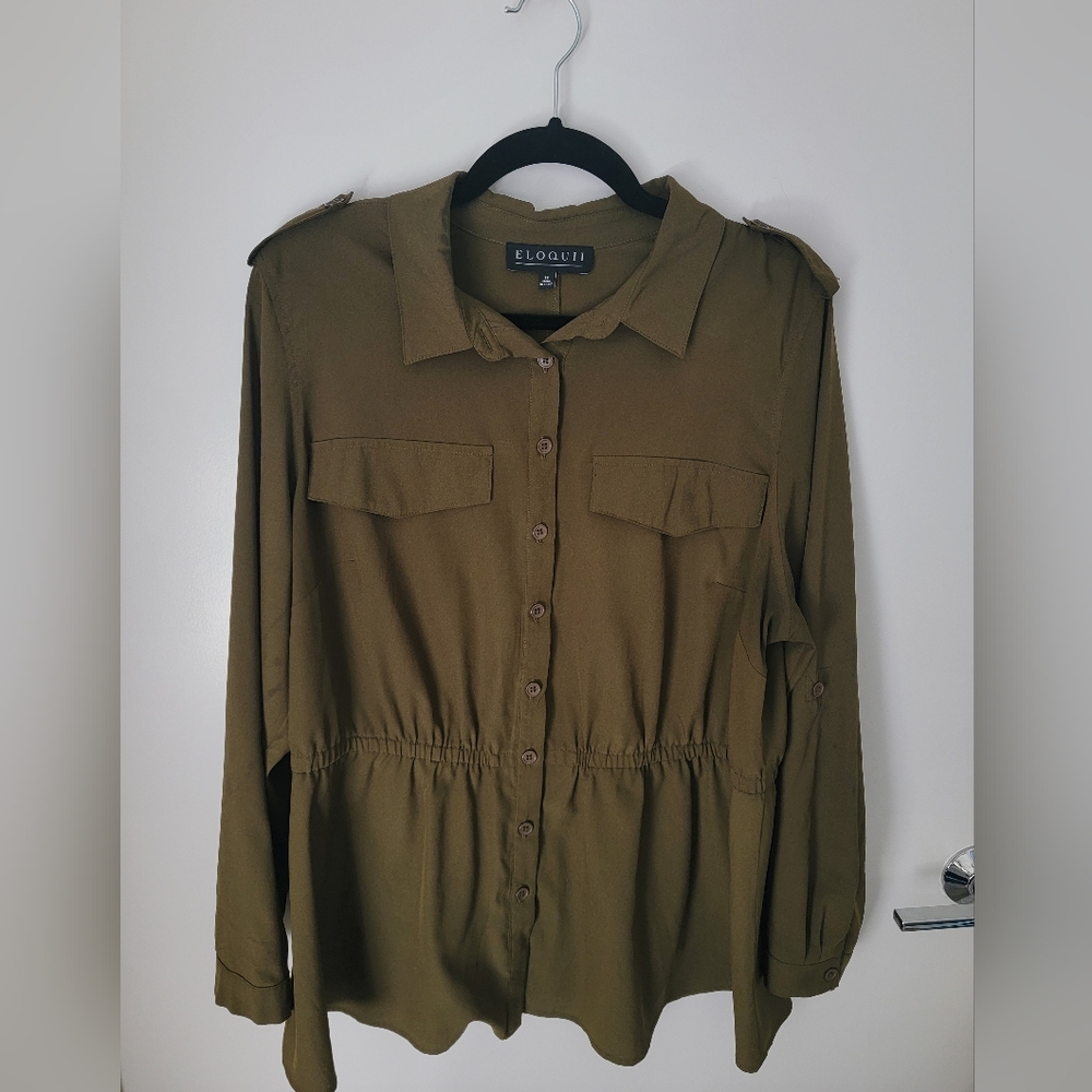 Eloquii Size 16 Army Green Collared Button-Up Peplum Top